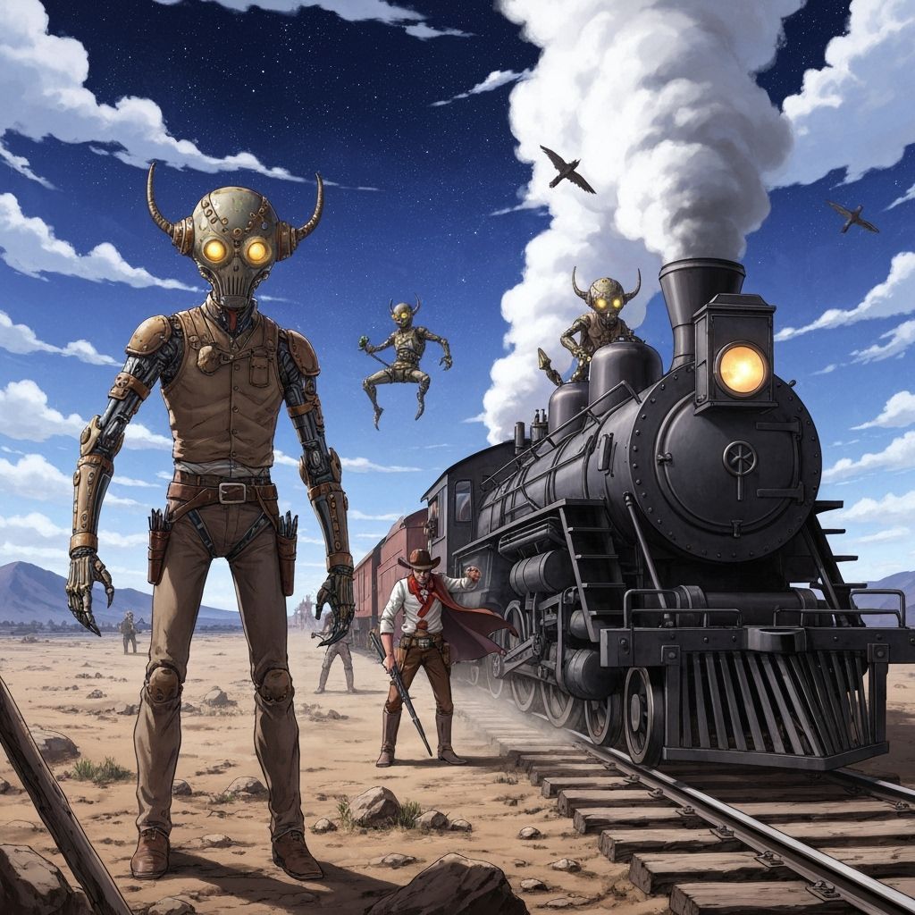Wild West Train Robbery with Steampunk Aliens in Anime Style