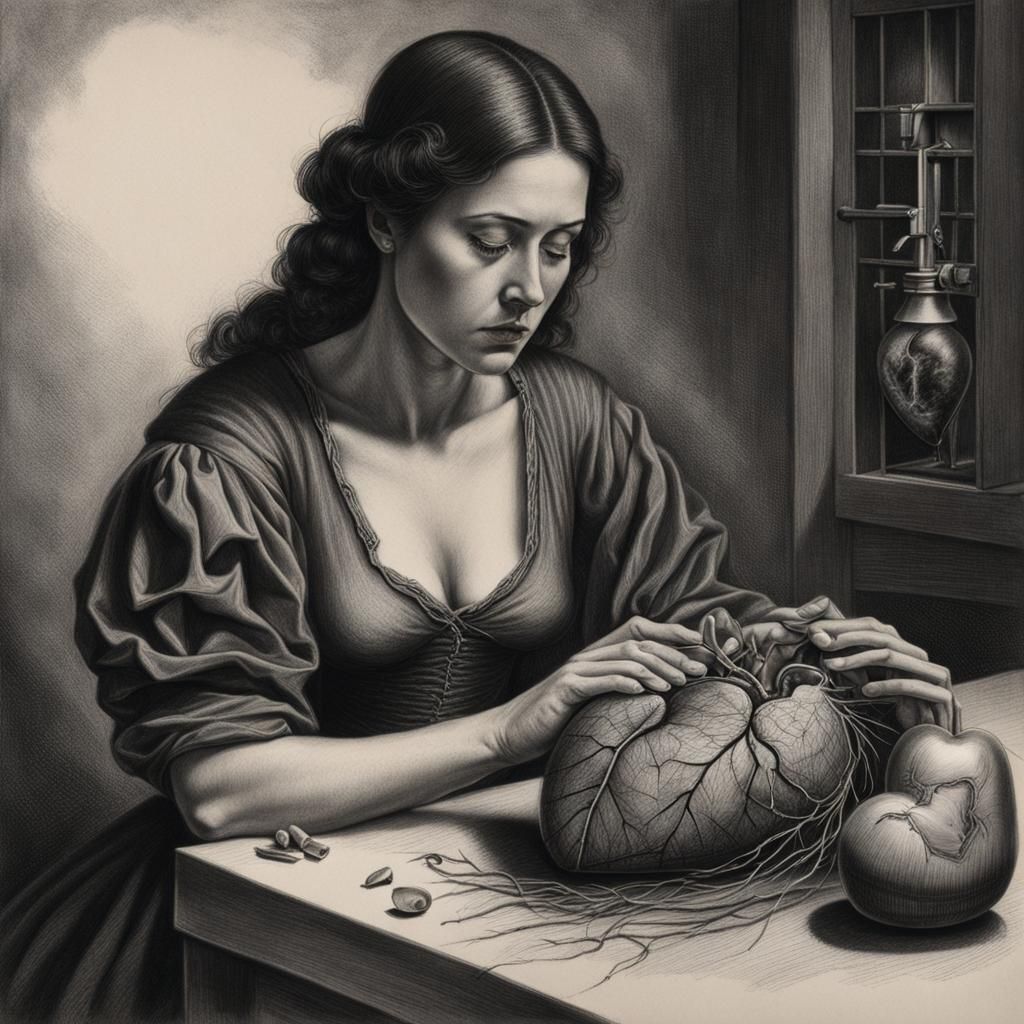 Sad Woman Mending Broken Heart in Charcoal