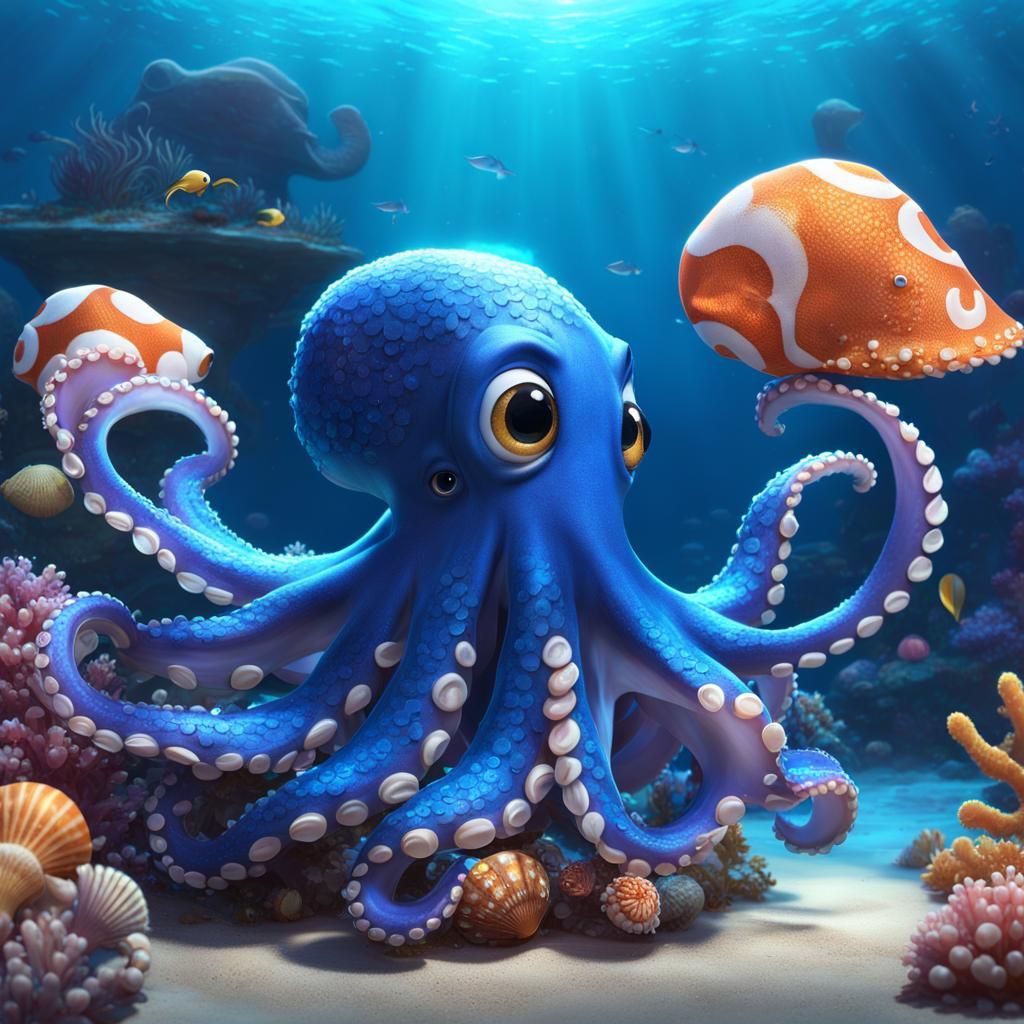 Whimsical Octopus Juggling Seashells: 3D Rendered Art