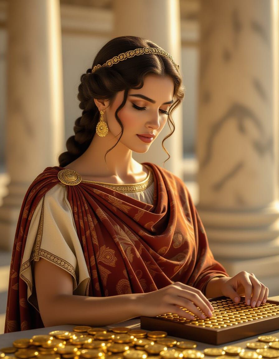 Ancient Roman Woman Counts Gold Coins Photorealistically