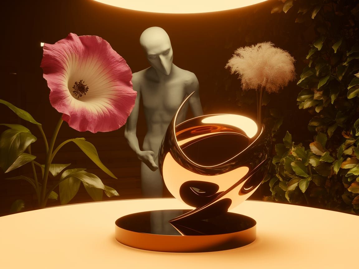 Vibrant Flower with Bird-like Figure in Lush Garden