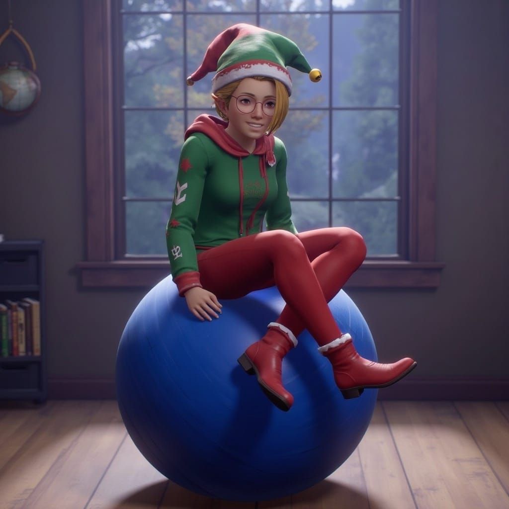 Christmas Elf Balances on Exercise Ball in Manga Style