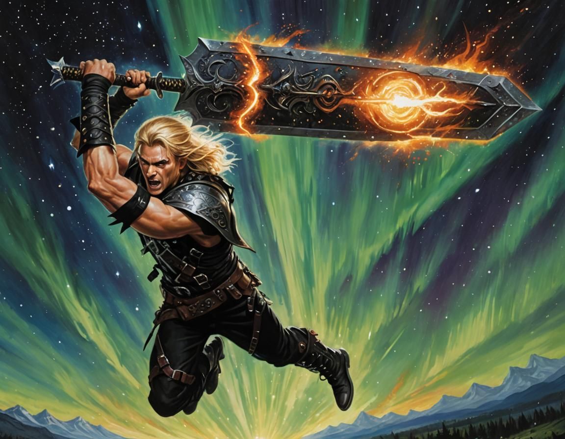 Warrior Leaping with Plasma Sword in Aurora Night