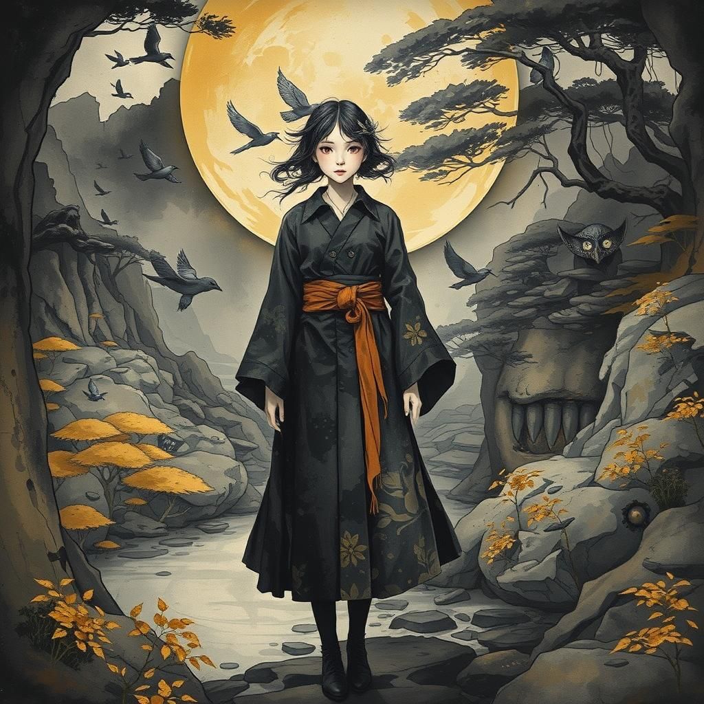 Mystical Underworld Girl in Sumi-e Style