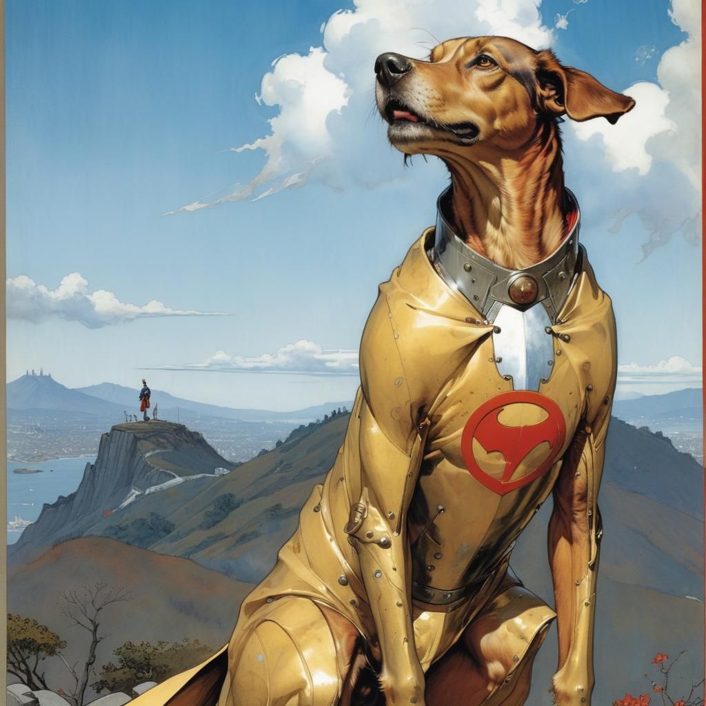 Art by Norman Rockwell and Yoshitaka Amano, loyal dog in superhero armor, standing proudly atop a hill, cape billowing i...