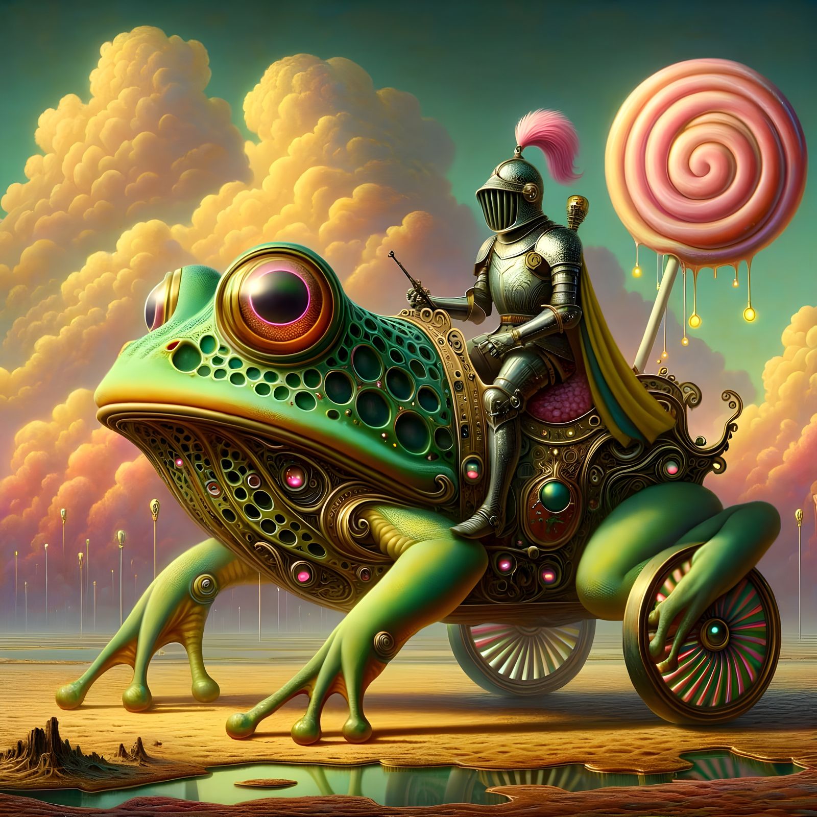 Steampunk Knight Rides Surreal Frog with Neon Antenna