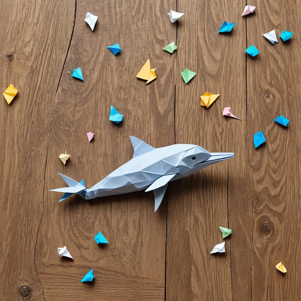 Delicate Origami Dolphin on Wooden Desk