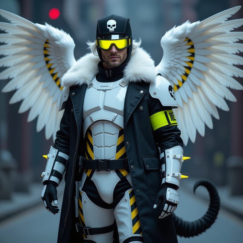 Concept Art of Armored Gentleman with Neon Wings