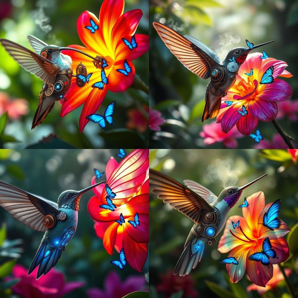 Steampunk Hummingbird in Jungle with Bioluminescent Butterfl...