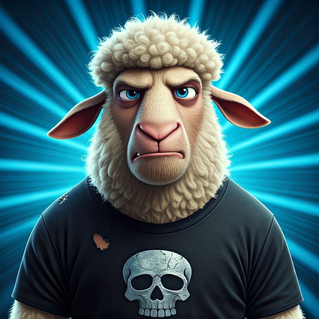 Punk Sheep with Skull Shirt in Dystopian Cityscape