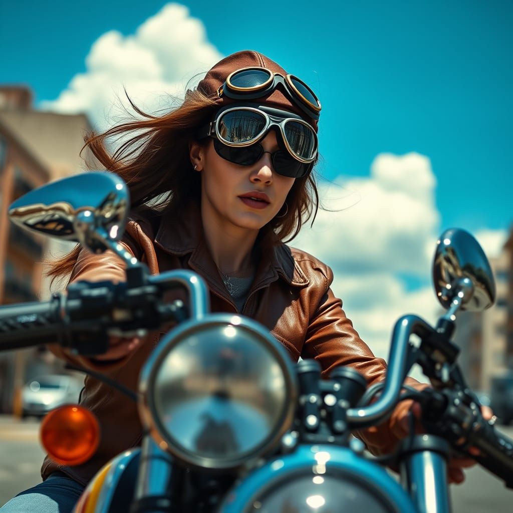 Woman Riding Vintage Motorcycle in Urban Street Scene