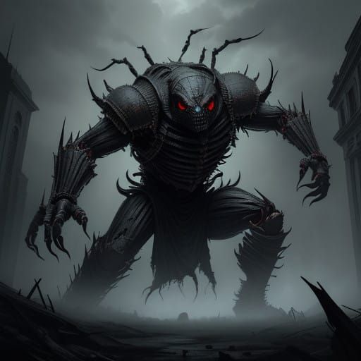 Massive, Armored Spider Creature in Dark, Gothic Landscape