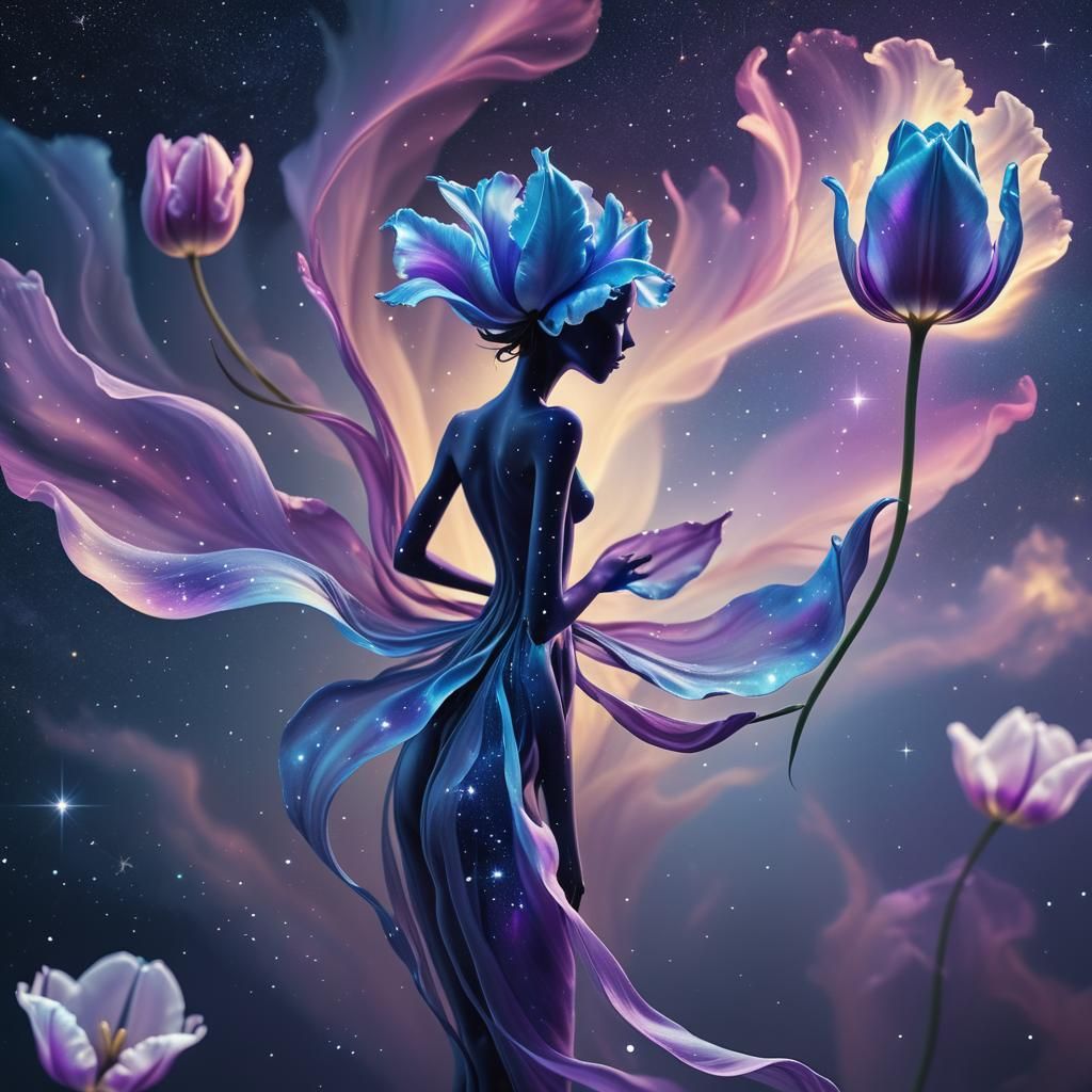 Ethereal Tulip Humanoid in Cosmic Sky, Surreal Illustration