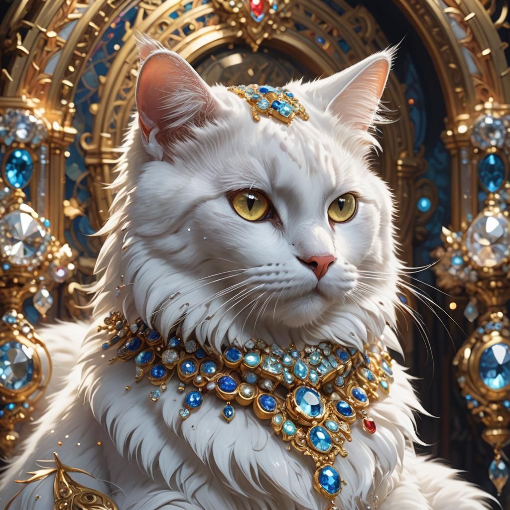 Jeweled White Cat Portrait in Hyperdetailed Style
