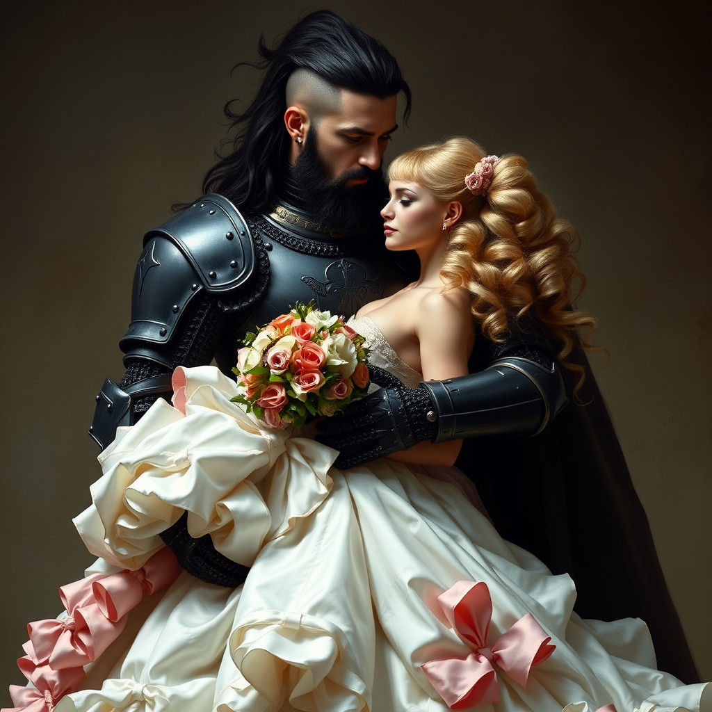 Dark Knight and Princess in Romantic Embrace