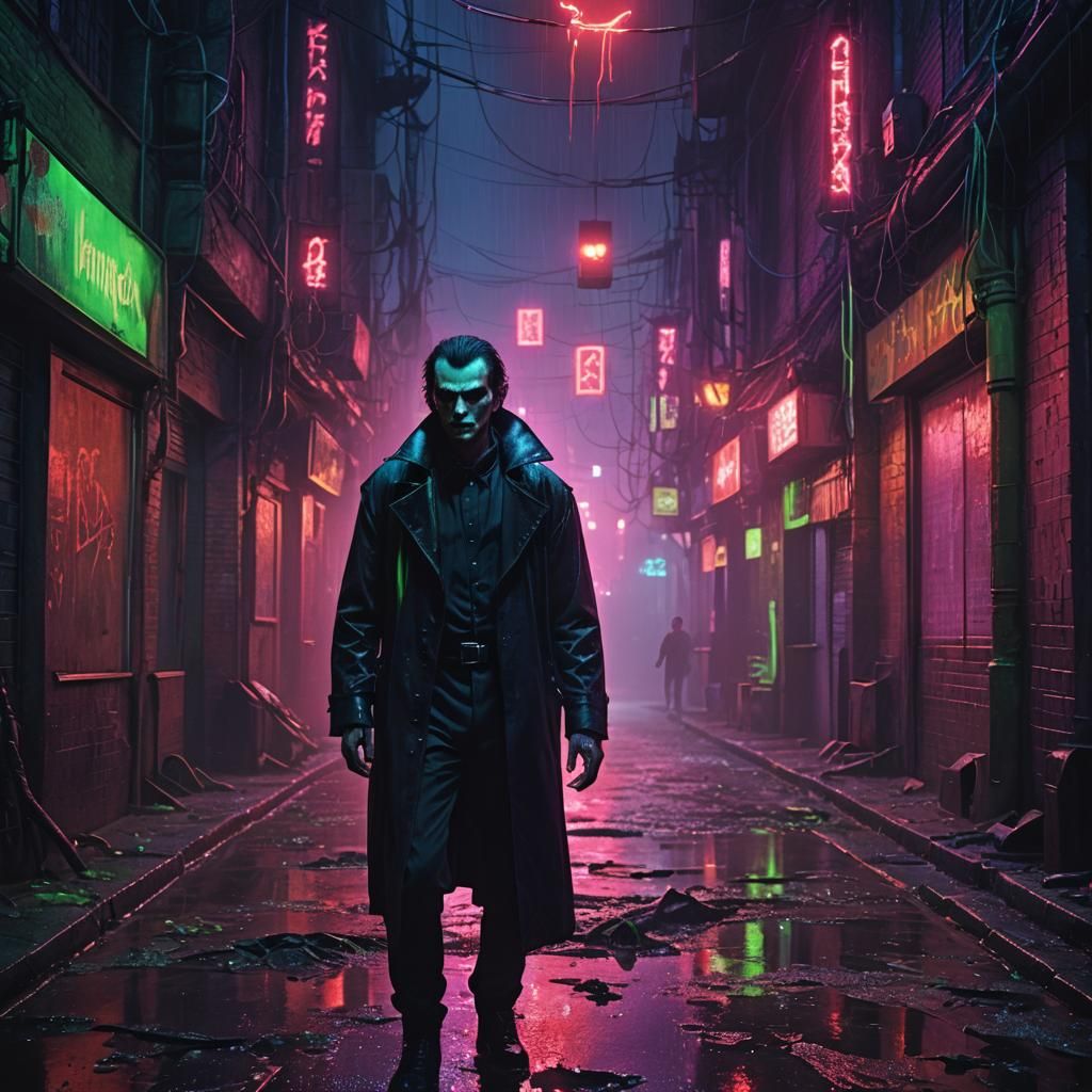 Vampire in Neon Alleyway: Beksiński Style