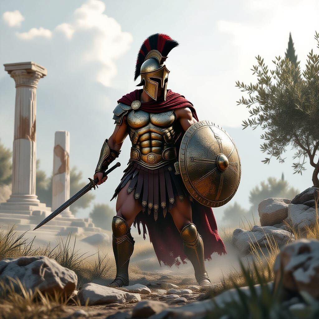 Spartan Warrior in Misty Ancient Greek Landscape
