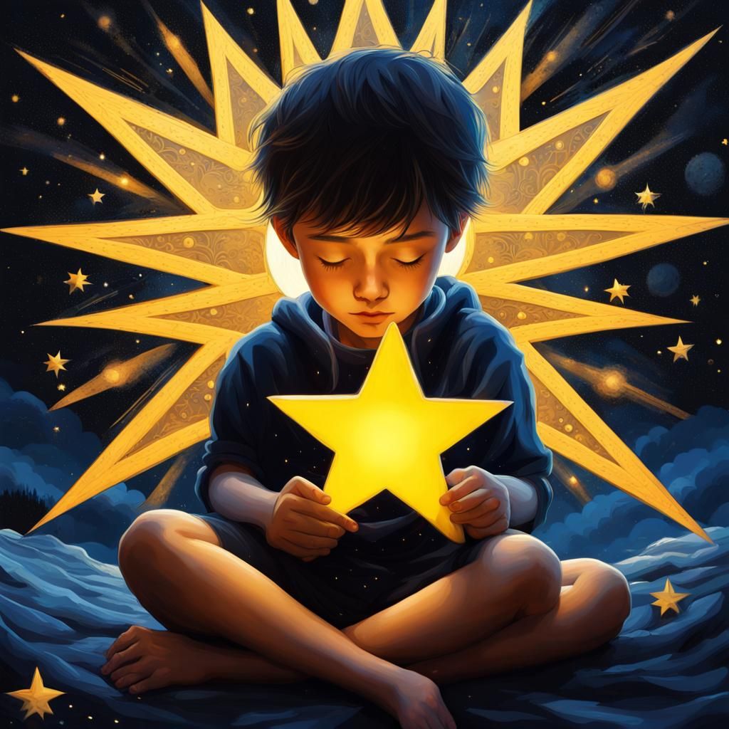 Boy on Star in Dreamy Night Sky