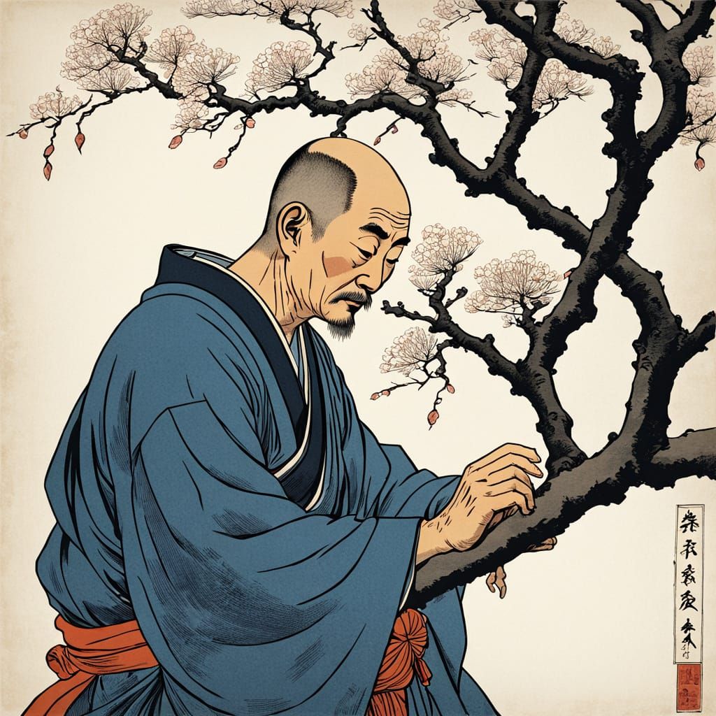 Buddhist Monk Observes Dry Tree with Single Flower in Japane...