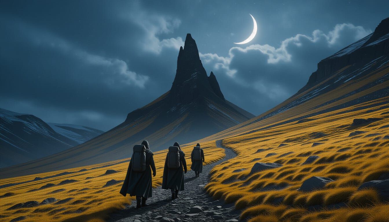 Silhouettes Ascend Ominous Mountain Trail at Twilight