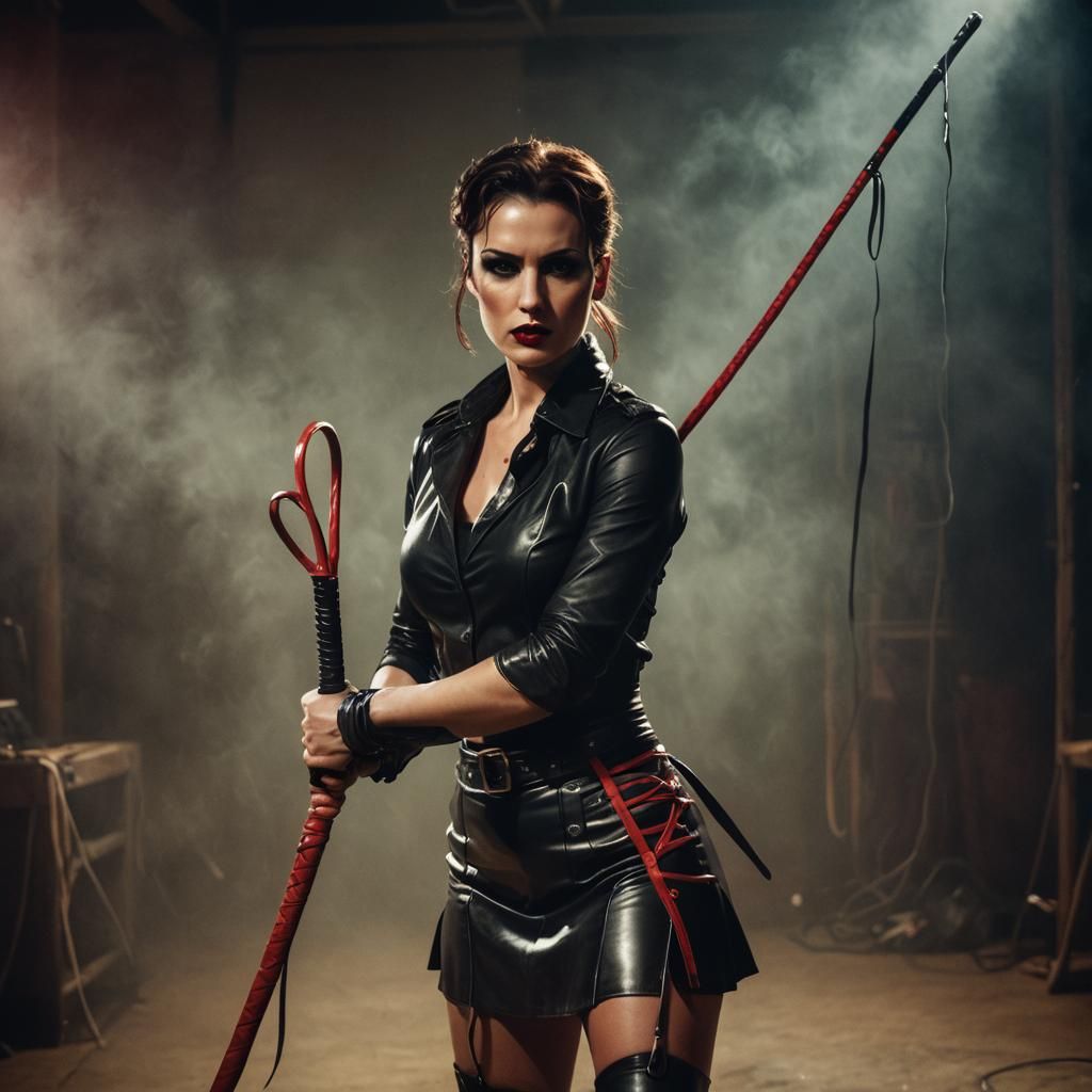 Dominatrix with Red Whip in Cinematic Film Still
