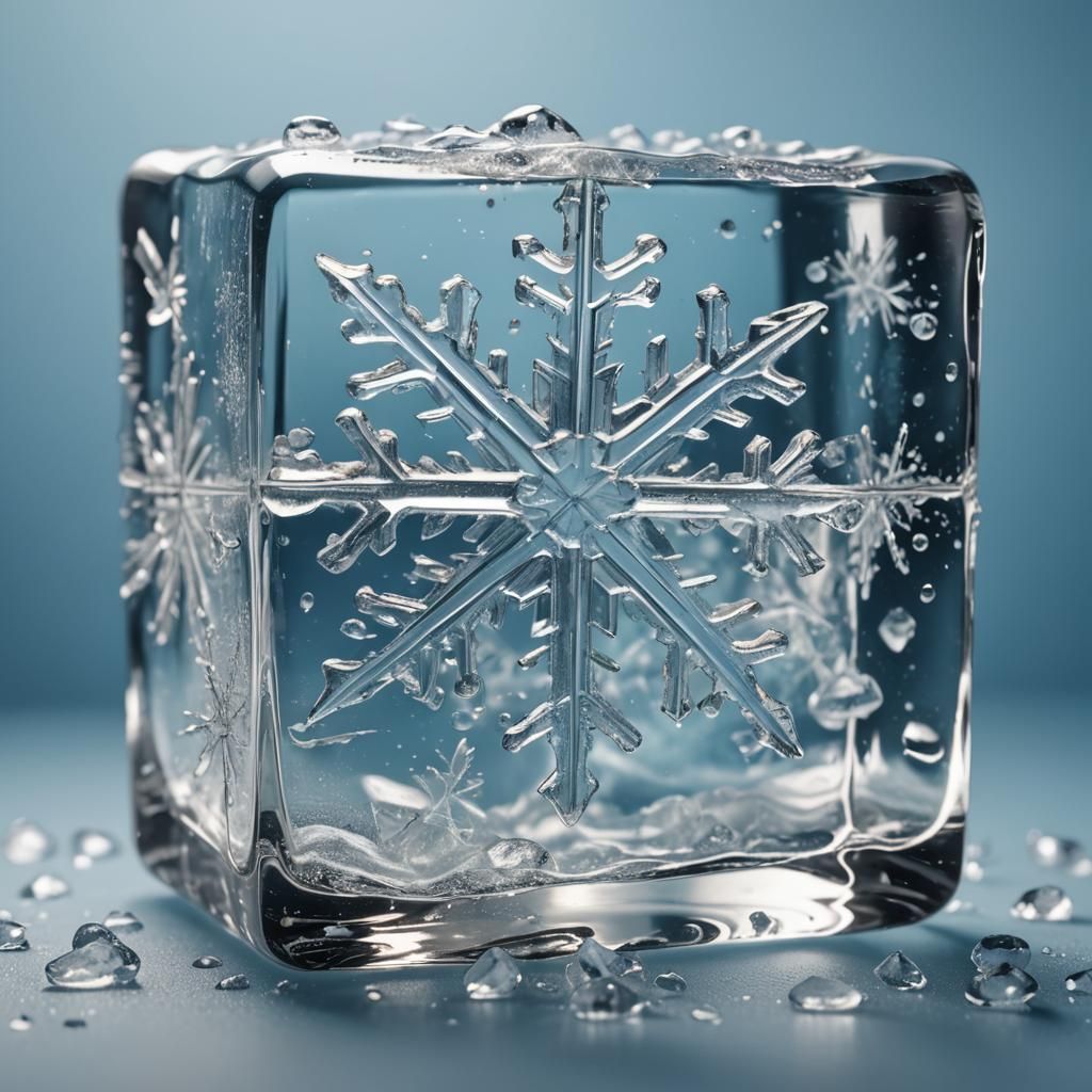 Hyperrealistic Snowflake in Ice Cube Splash Art