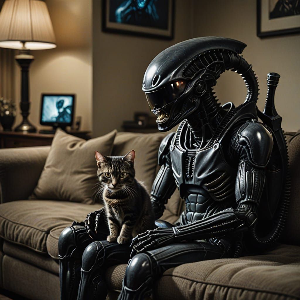 Alien and Feline Friends Enjoy a Night In