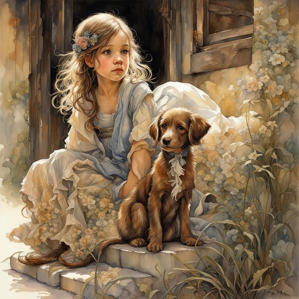Young Girl and Her Dog on the Step