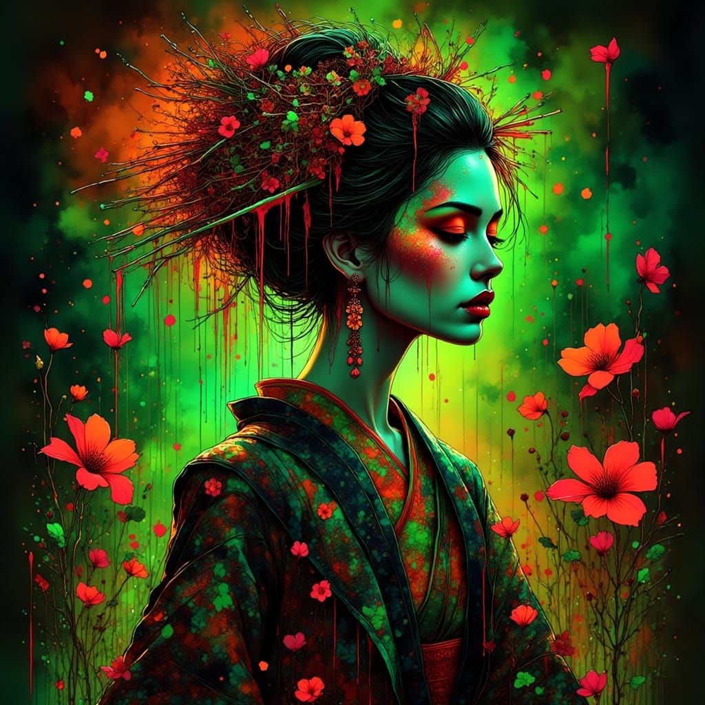 Geisha with Fluorescent Accents in Futuristic Style