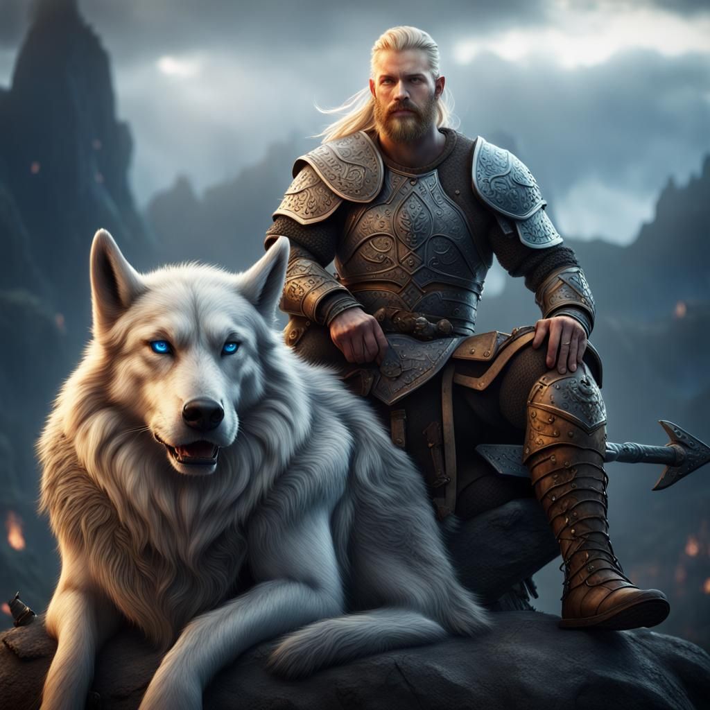 Viking Warrior on Armored Wolf: Fantasy Art