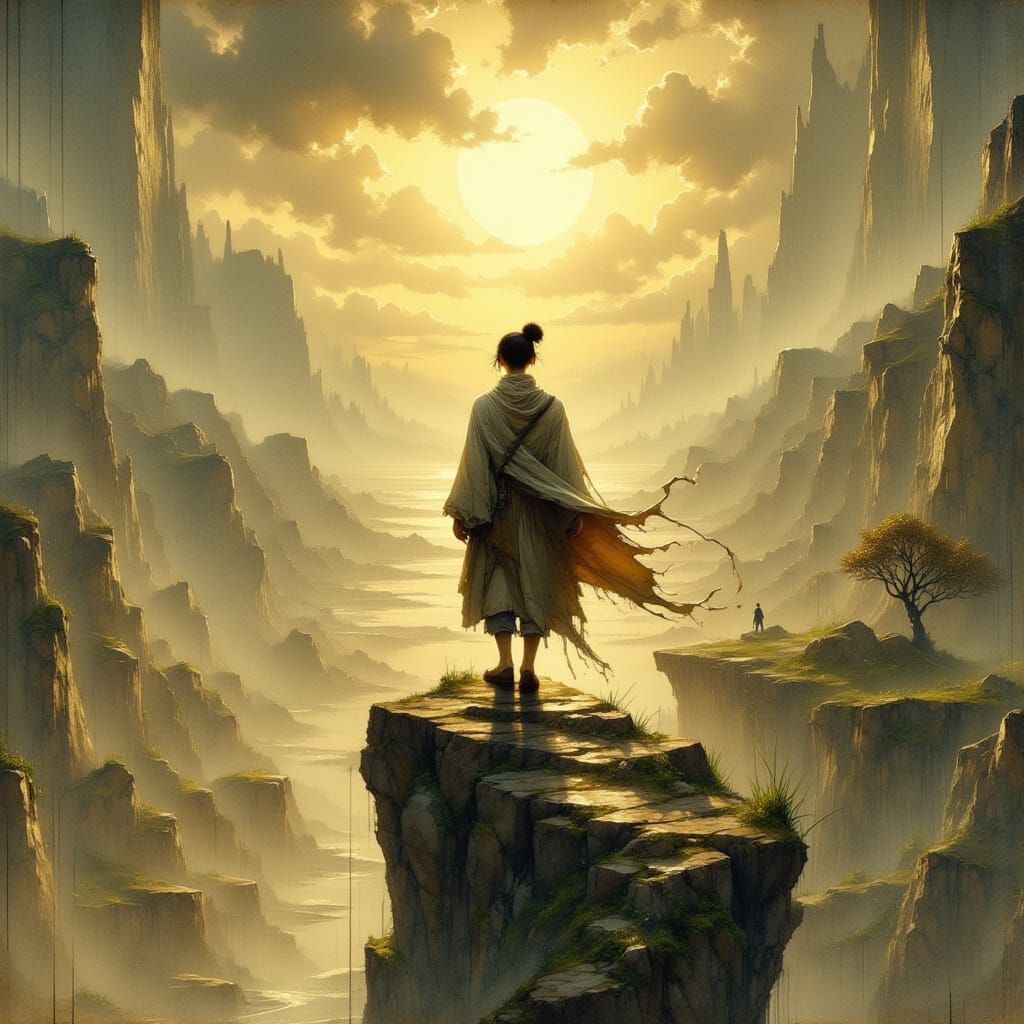 Stoic Figure on Windswept Cliff