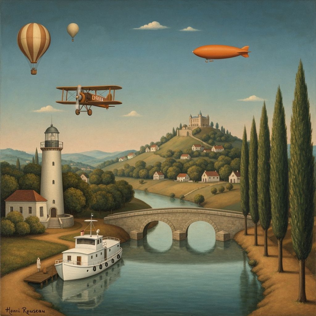 Surreal Landscape Painting with River and Whimsical Sky