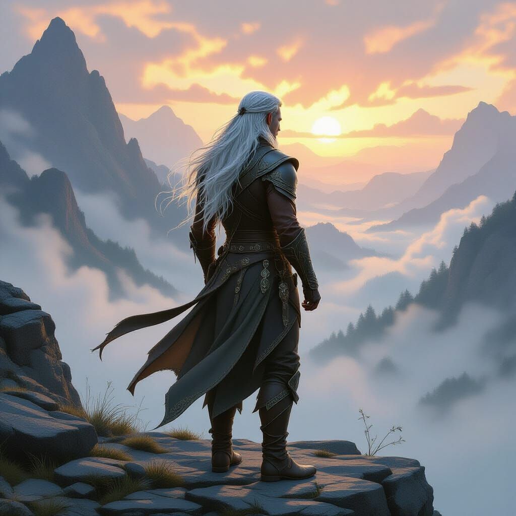 Ethereal Elf on Rocky Outcrop at Dawn