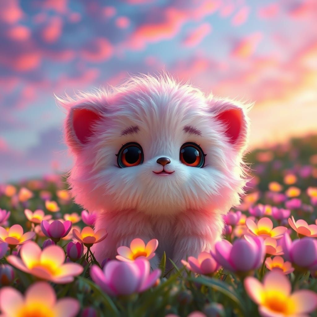 Adorable Fluffy Creature in Fantastical Flower Field