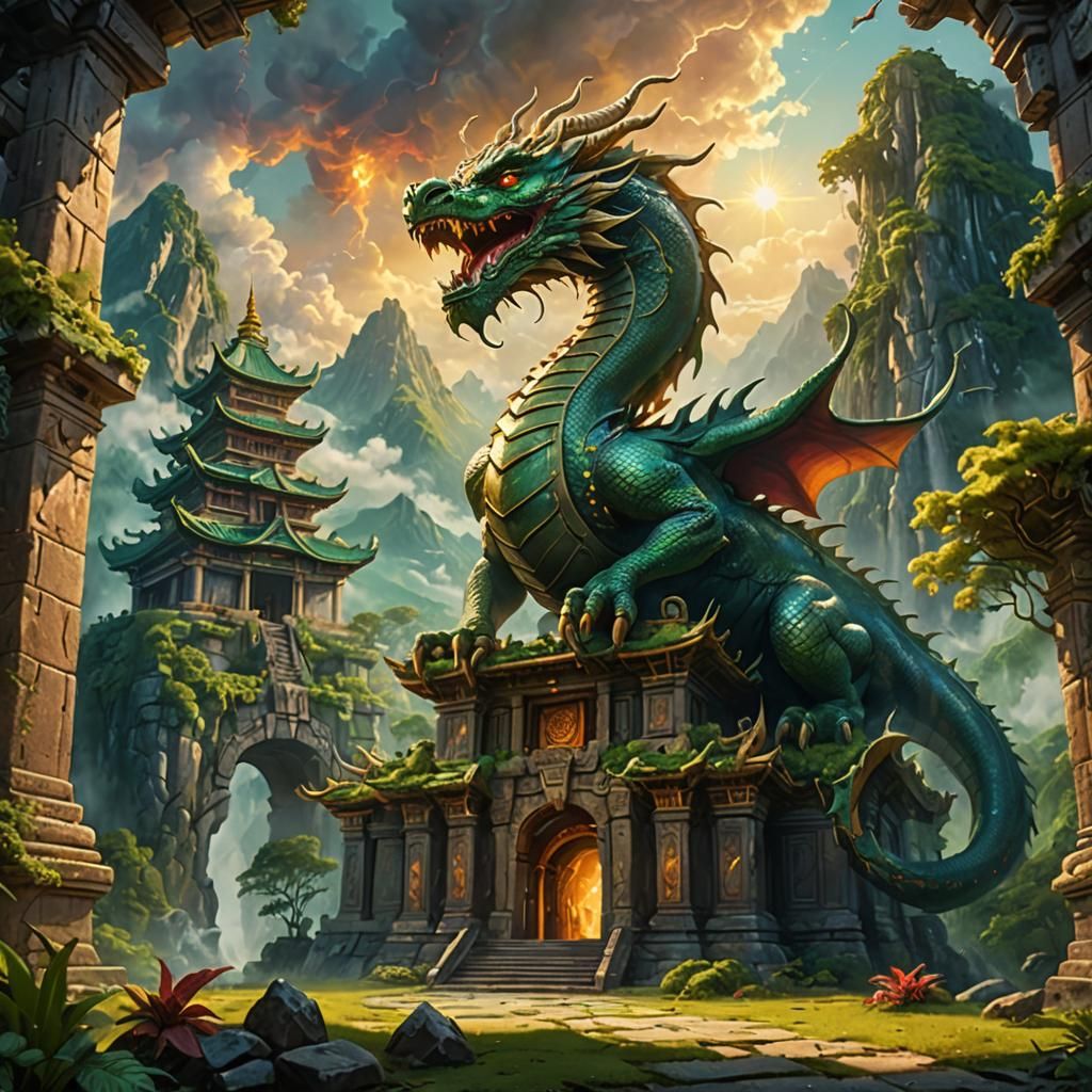 Majestic Dragon Guarding Ancient Temple: Oil Painting