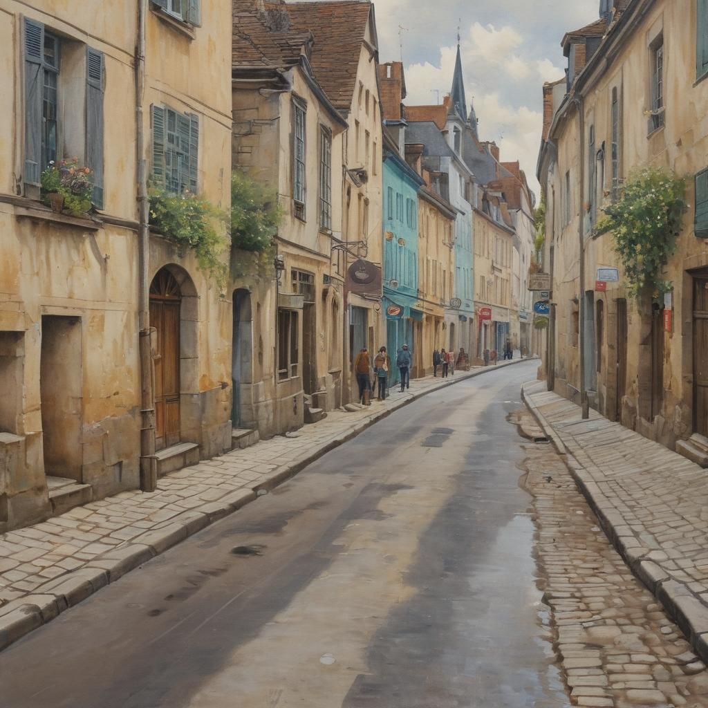 Chartres Street Scene in Gouache Watercolor Style