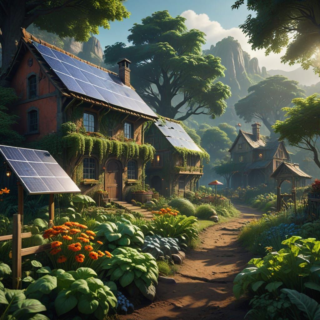 Sustainable Village Dreamscape in Vibrant Fantasy Style