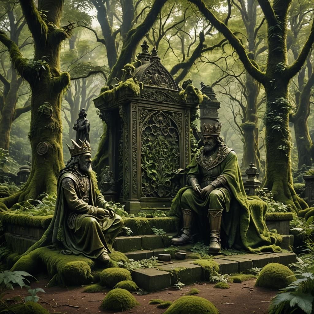Abandoned Chessboard in Forest with Moss and Statues