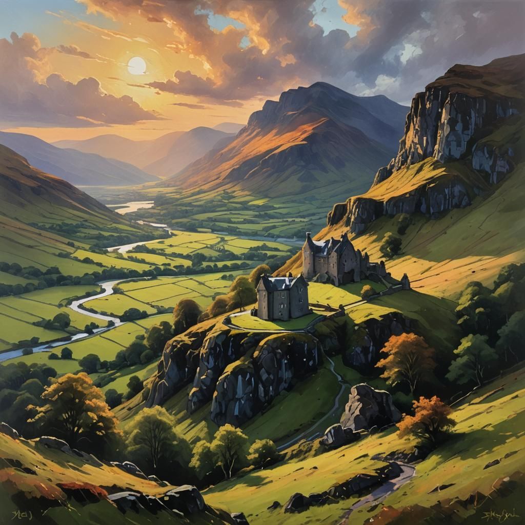Scottish Castle at Sunset: Oil Painting
