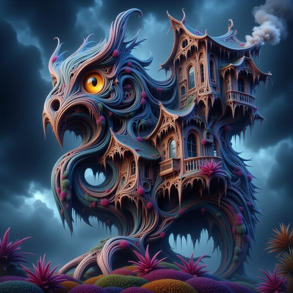 Mystical Owl Treehouse: Surreal Architecture in Dark Fantasy