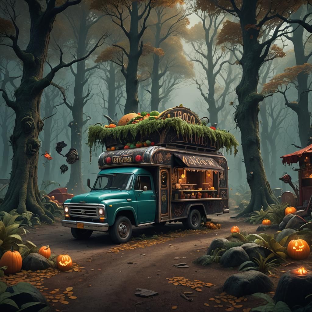 Taco Truck in Spooky Forest: Fantasy Concept Art