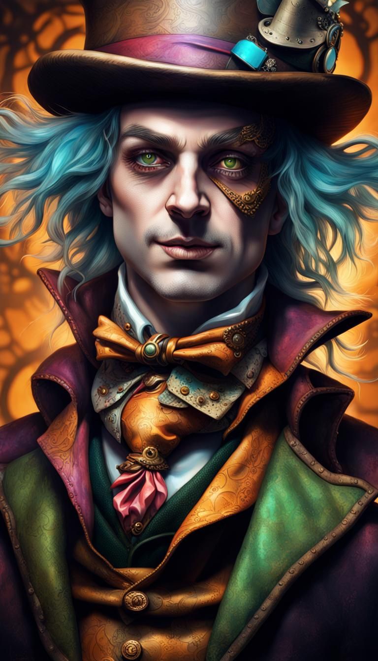 Steampunk Mad Hatter Hyperrealistic Splash Art Portrait