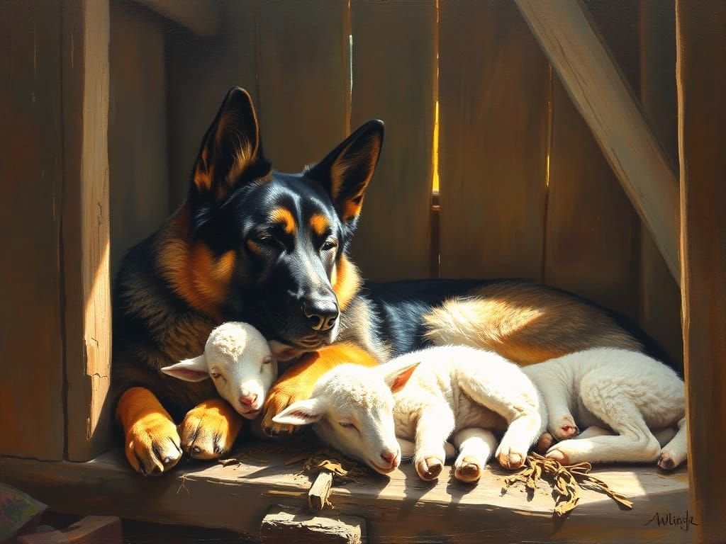 German Shepherd Naps with Lambs in Sunlit Barn Painting