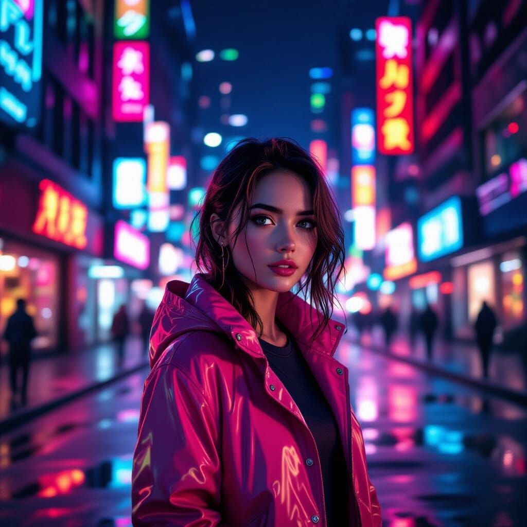 Cyberpunk Woman on Neon City Street at Night
