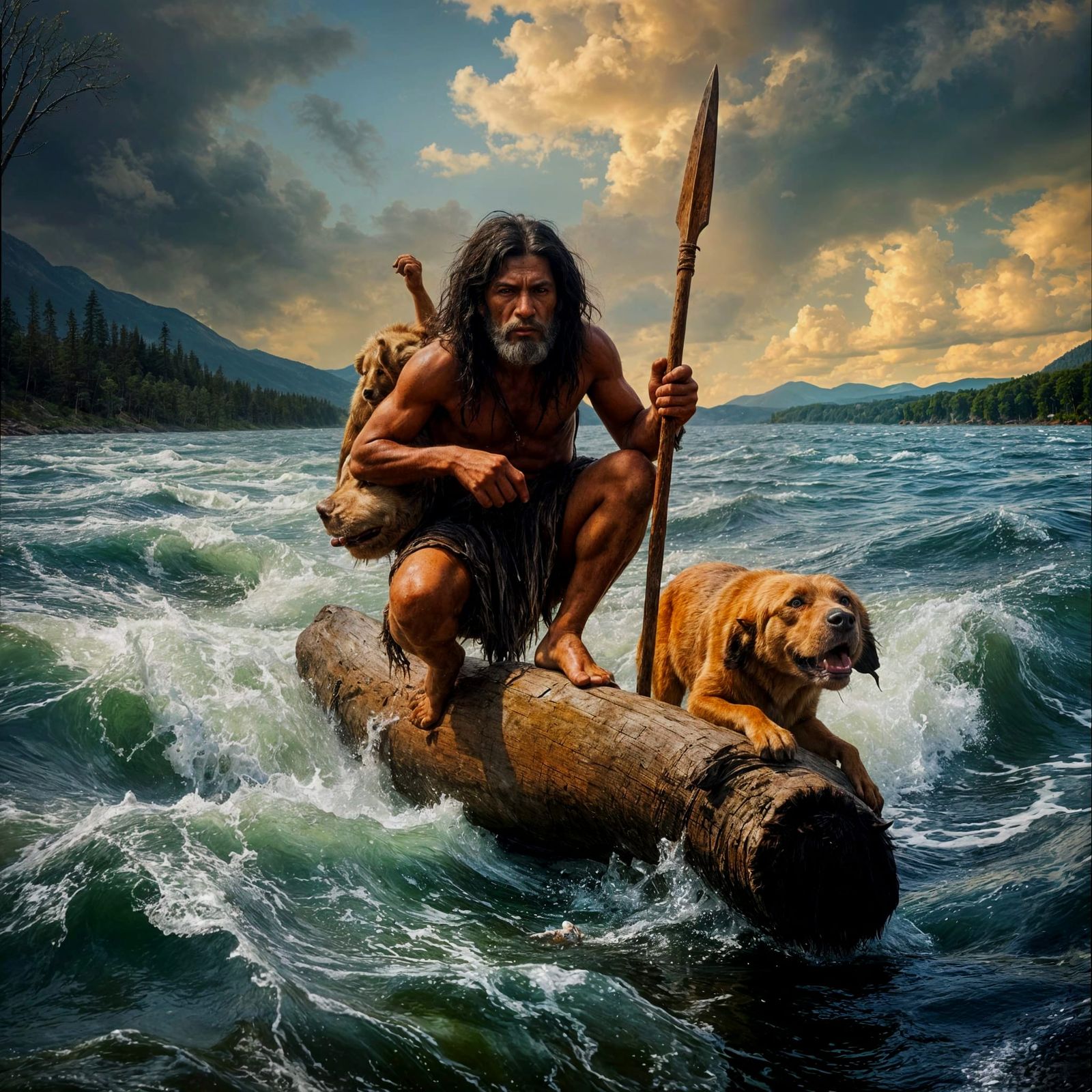 Primitive Hominid Navigates River on Log