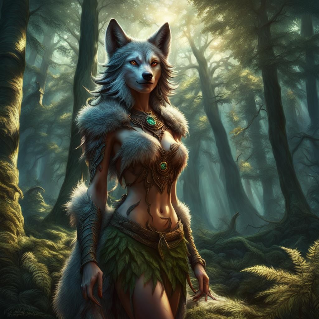 Epic Fantasy Anthropomorphic Wolf Girl in Forest