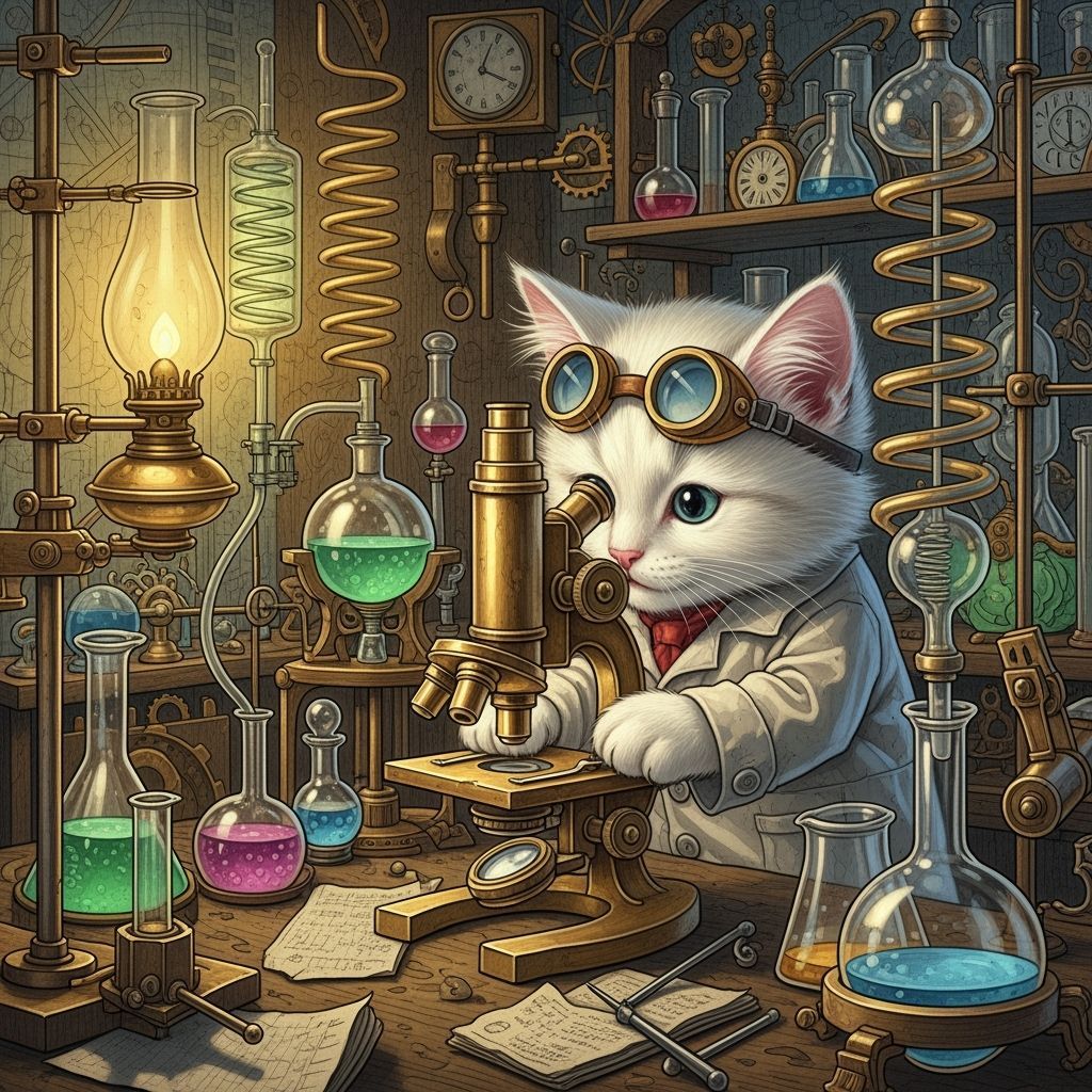 Kitten Scientist in Lab, Illustrated Style
