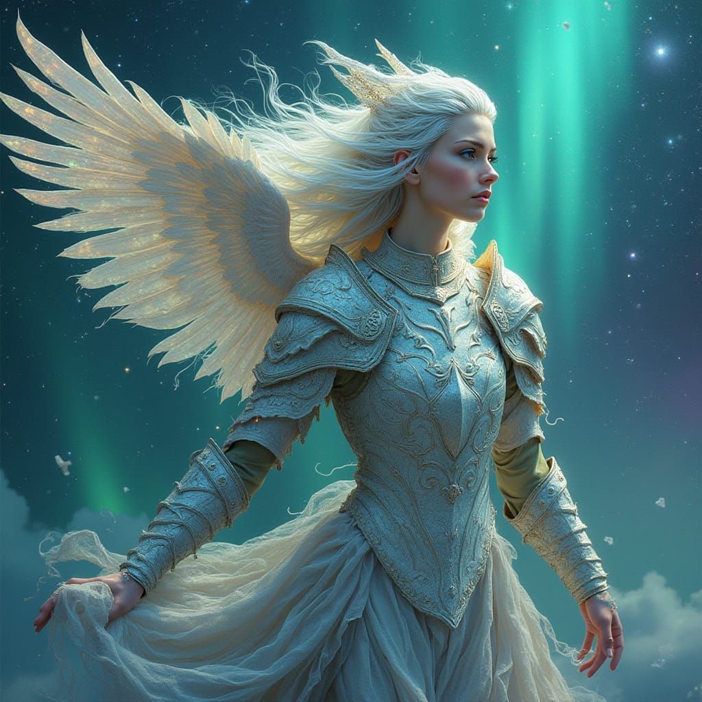 Regal Valkyrie Soars Through Celestial Aurora