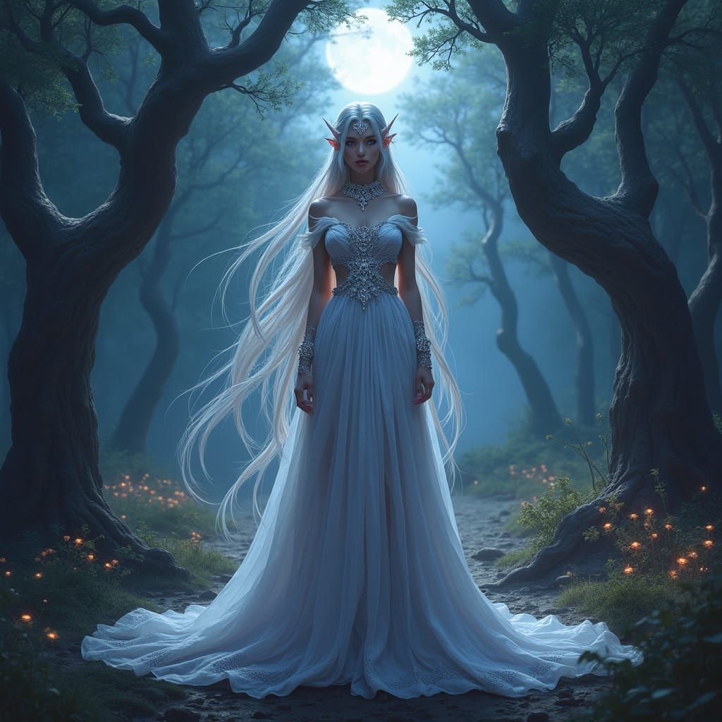Elven Queen in Moonlit Forest, Digital Concept Art