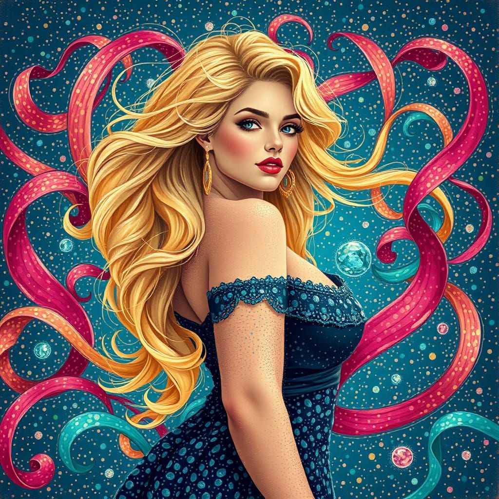 Golden Haired Woman in Pointillist Ribbon Swirls